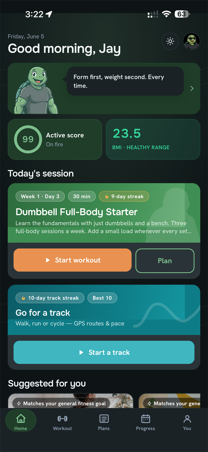 Kamee Fitness home screen